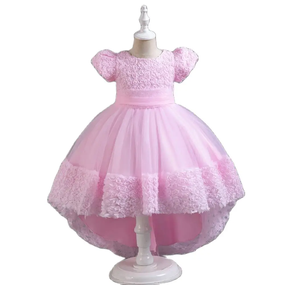 Pink European style flower girl wedding dress for 3 to 12 Year Kids Tail Birthday Party Dress Short sleeved child ball dress