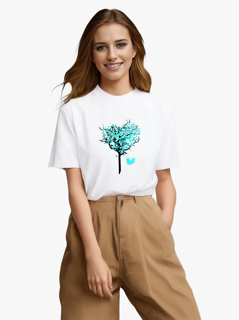 Camiseta con estampado de árbol de amor para mujer, ropa informal de calle, Top, novedad de verano