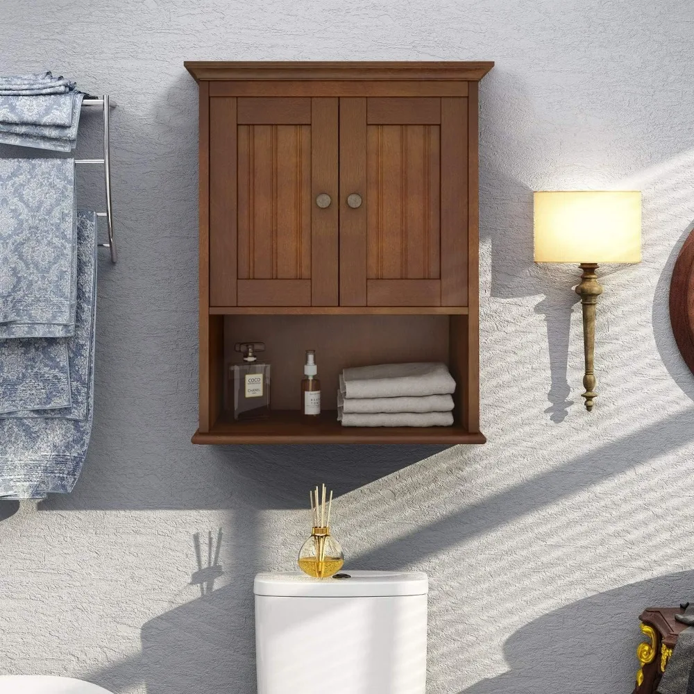 Mueble de pared de madera, almacenamiento de baño con puertas y estante ajustable, mueble rústico montado en la pared, marrón rojizo