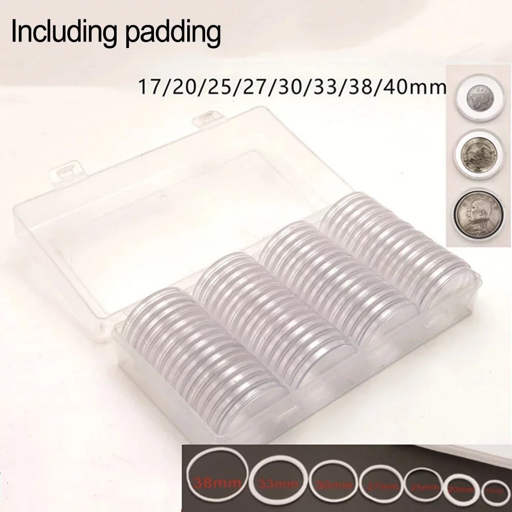 60PCS Transparent Coin Capsules&60spacers With Storage Box Suitable For 17/20/25/27/30/33/38/40mm Diameter Coins 200x104x52mm