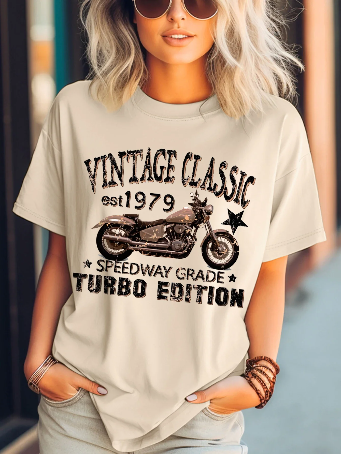 Retro Motorcycle Print Chic Casual Crew Neck Short Sleeve T-shirt