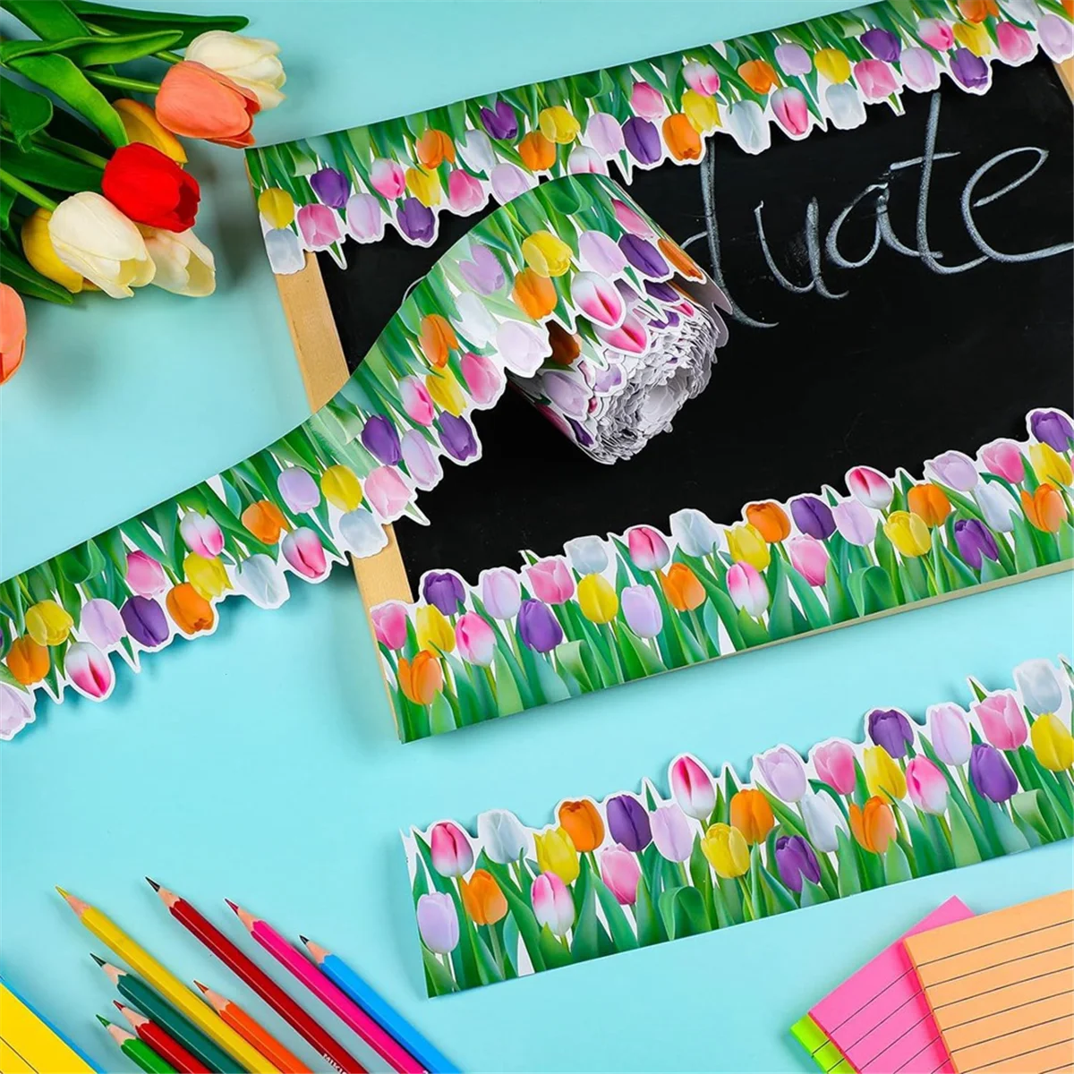 1 Roll Tulip Flower Trim Border 65.6ft Floral Bulletin Border for School Classroom Blackboard Chalkboard DecorationJAS