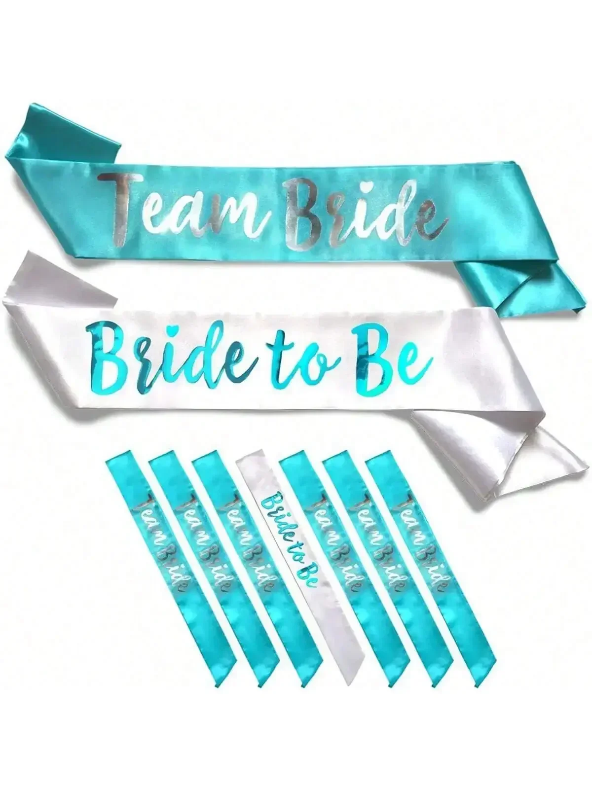 Juego de fajín de satén para novia del equipo azul claro de 7 piezas: regalos de fiesta sofisticados y divertidos, despedida de soltera, despedida de soltera y fiesta de boda