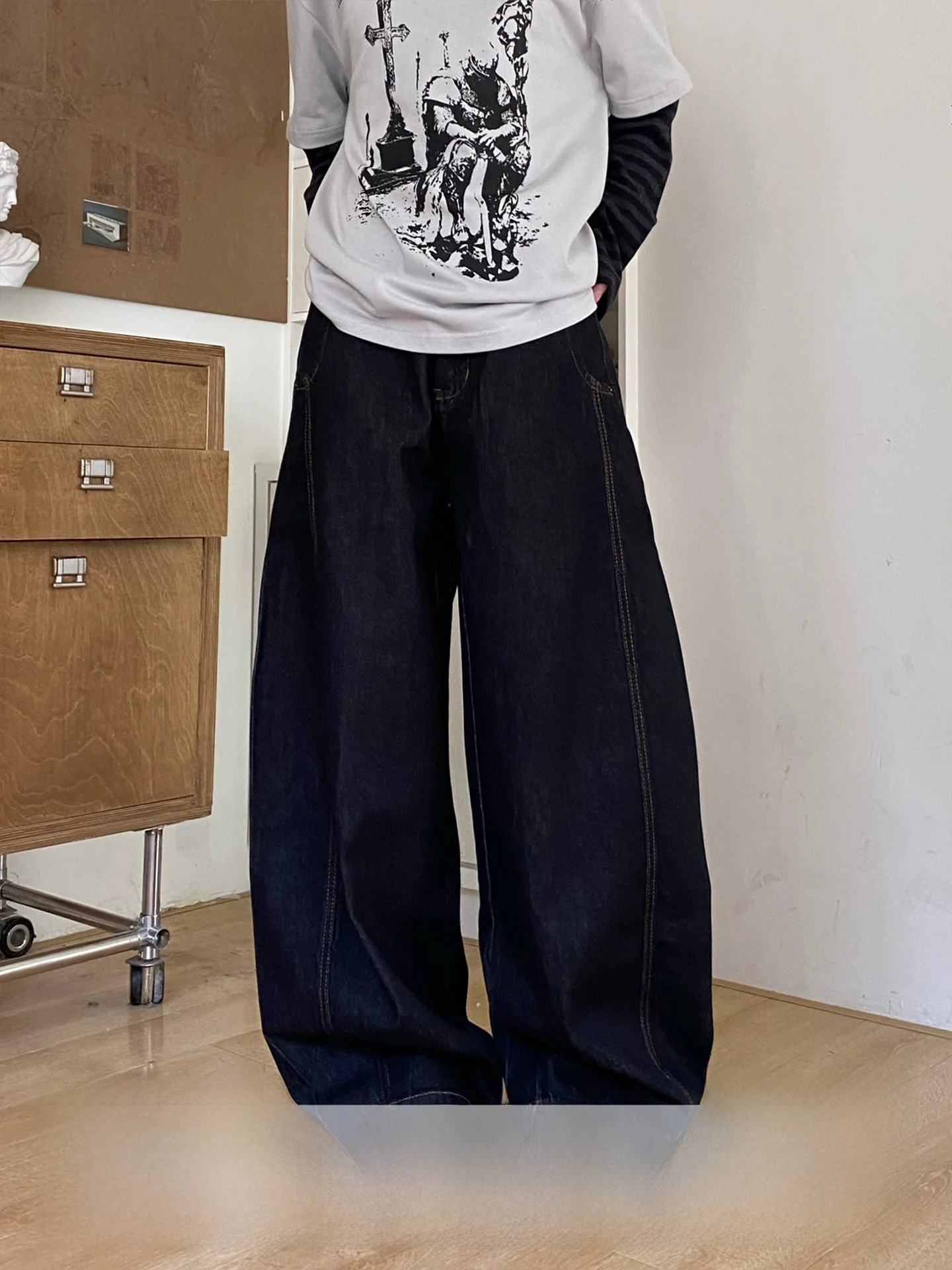 

Джинсы в стиле ретро с широкими штанинами, свободного кроя, унисекс, прямого силуэта, синие джинсовые брюки для мужчин и женщин