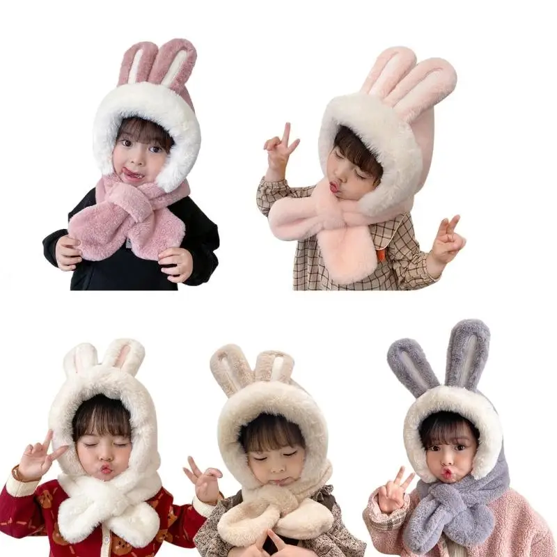 

49MB Kids Winter Hat Warm Plush Scarf Hats Thick Earflap Hooded Caps with Rabbit Ears Decoration for Boys Girls Ages 3-8