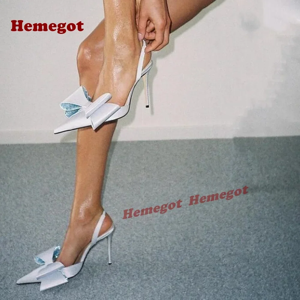 Light Blue Satin Slingback Pumps Pointed Toe Rhinestone Bow Heels Stiletto Women's Pumps Bling Luxury Party Shoes Sexy Elegant