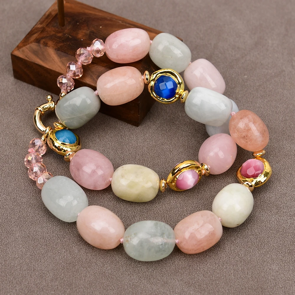 G-G 19'' Natural Irregular Morganite Quartz Stone Gold Edge Plated Pink Blue Cat eye Crystal Chokers Necklace For Lady