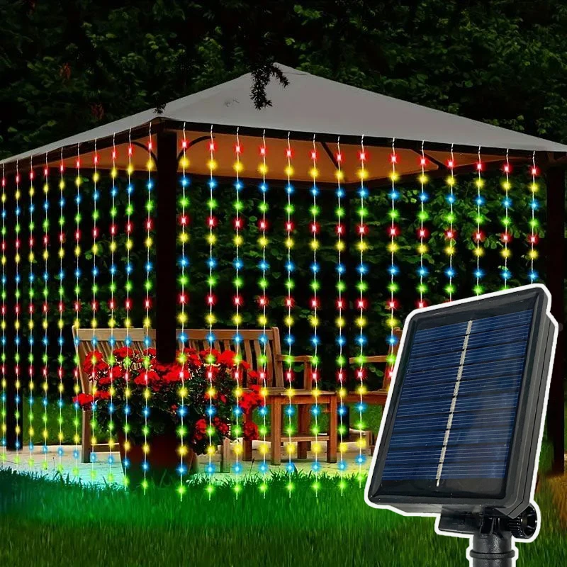 Cortina de luz LED Solar para exteriores, guirnalda de luces para decoración de patio, Navidad, boda, fiesta, guirnalda de hadas, 8 modos