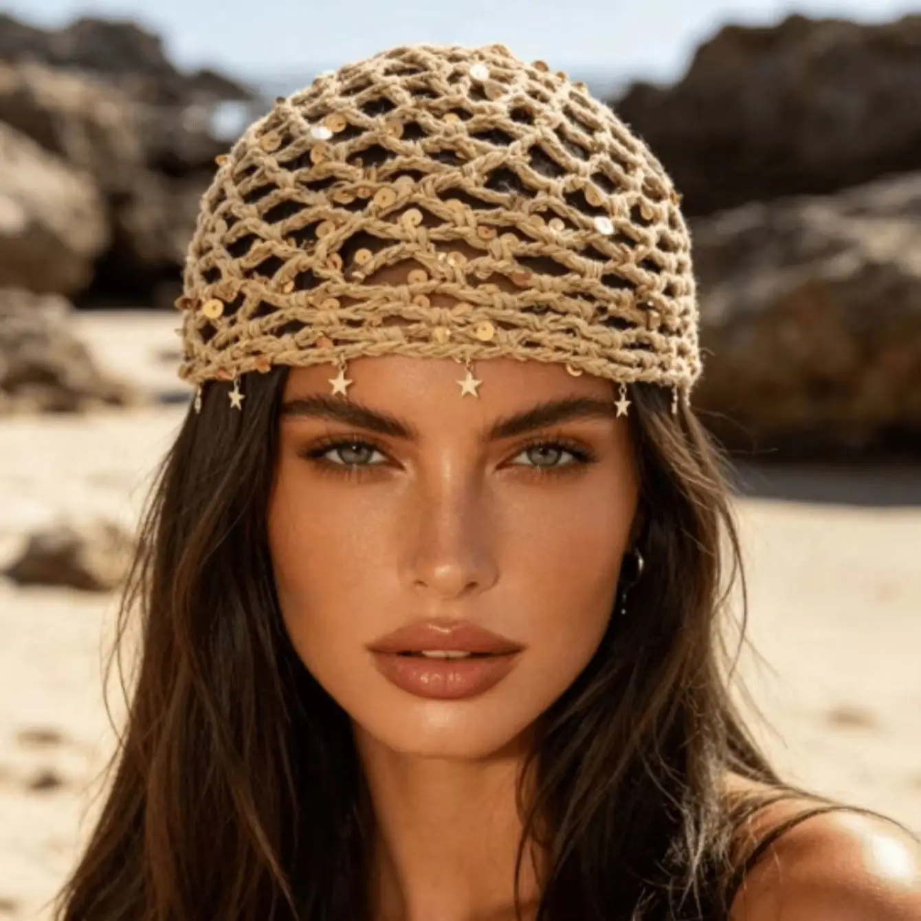 1pcs Sequin Star Beanie Hand-knitted Lace Thin Breathable Versatile Head Wrap Knit Hat