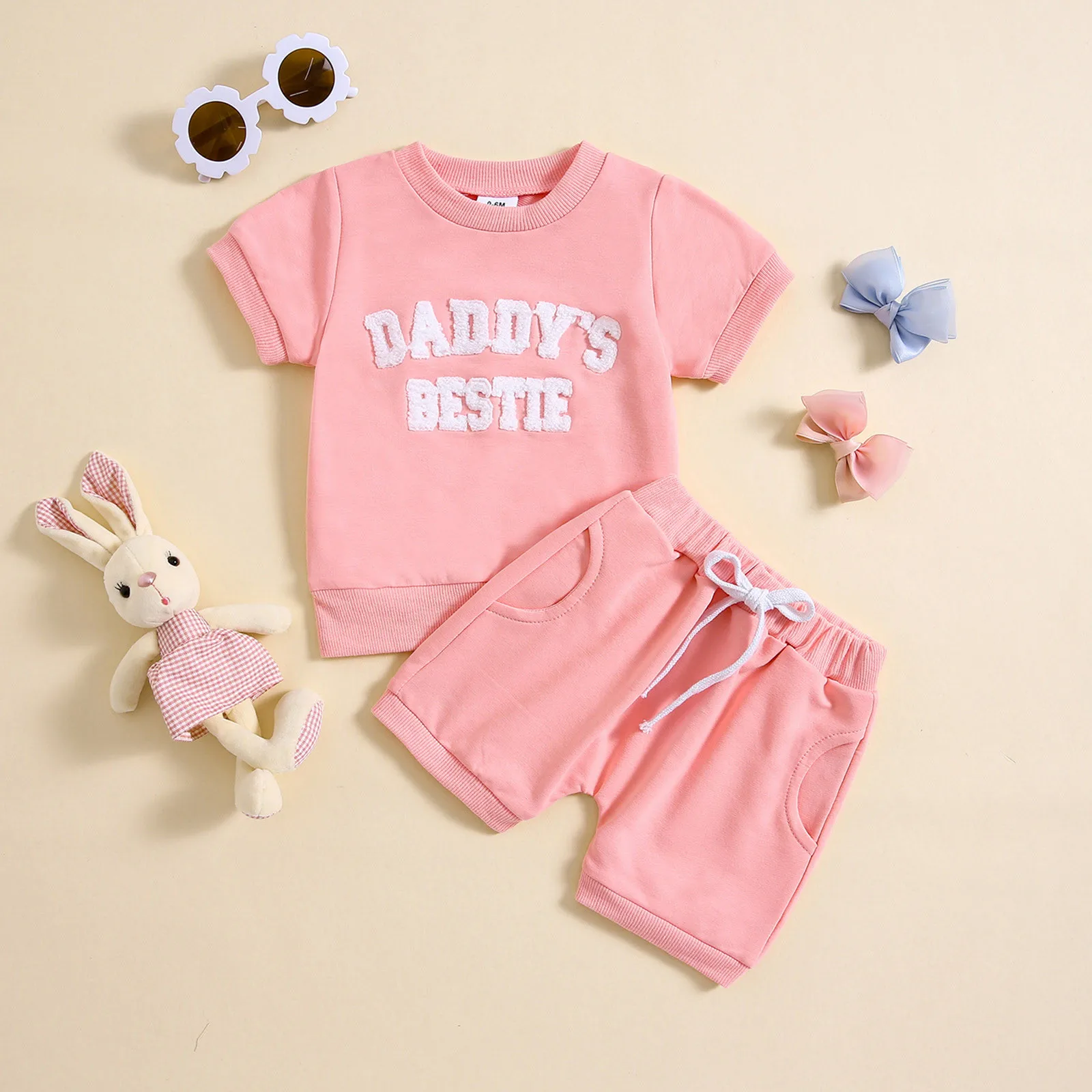 0-3Y Toddler Baby Girl Outfits Daddys Bestie Short Sleeve Embroidery Top Elastic Short Sets Infant Clothes Two Pieces Outfits