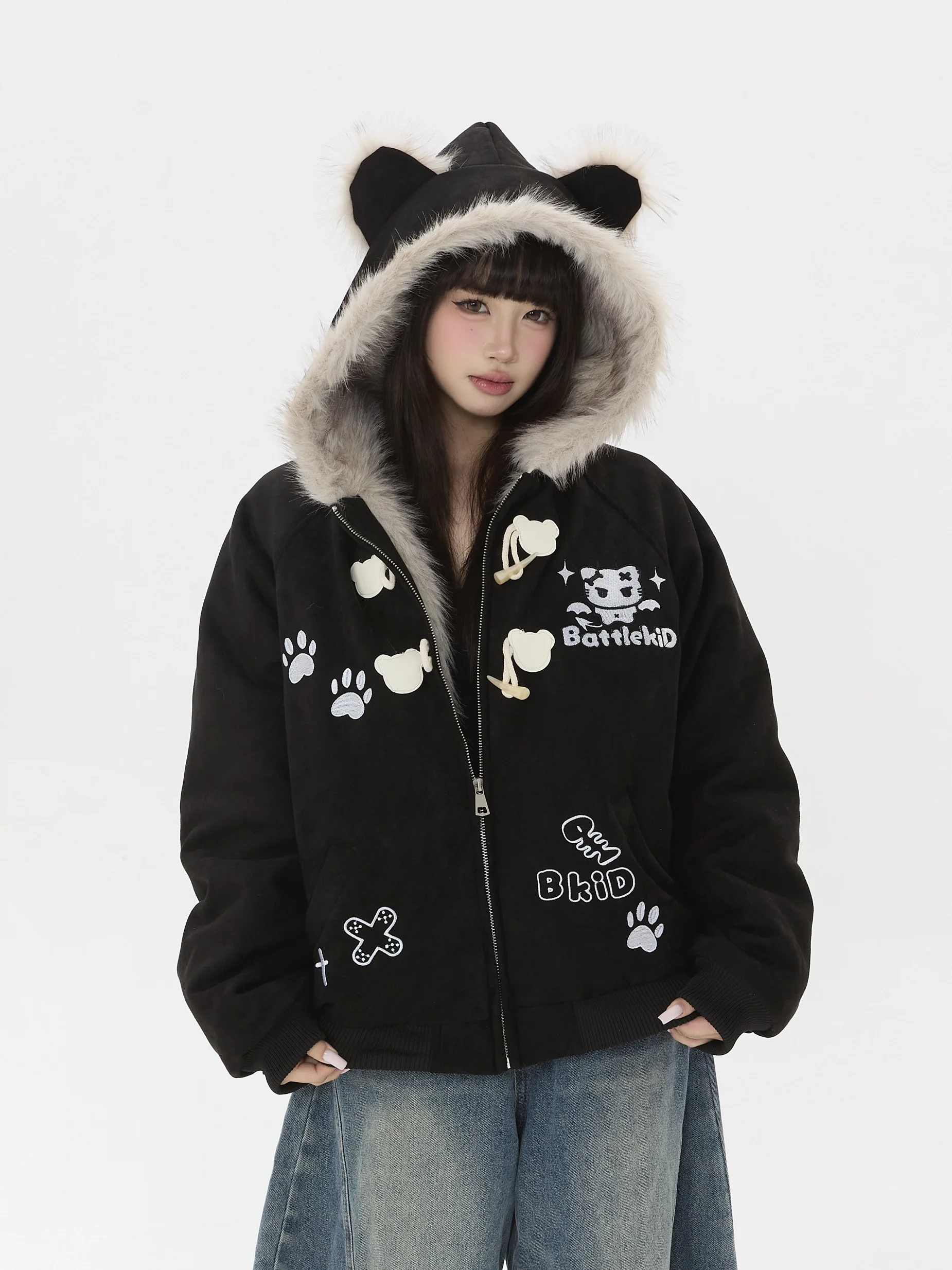 

Оригинальный национальный тренд, вышивка, горный орел, меховой воротник, хлопковая куртка для мужчин и женщин, зимняя замшевая бархатная верхняя одежда