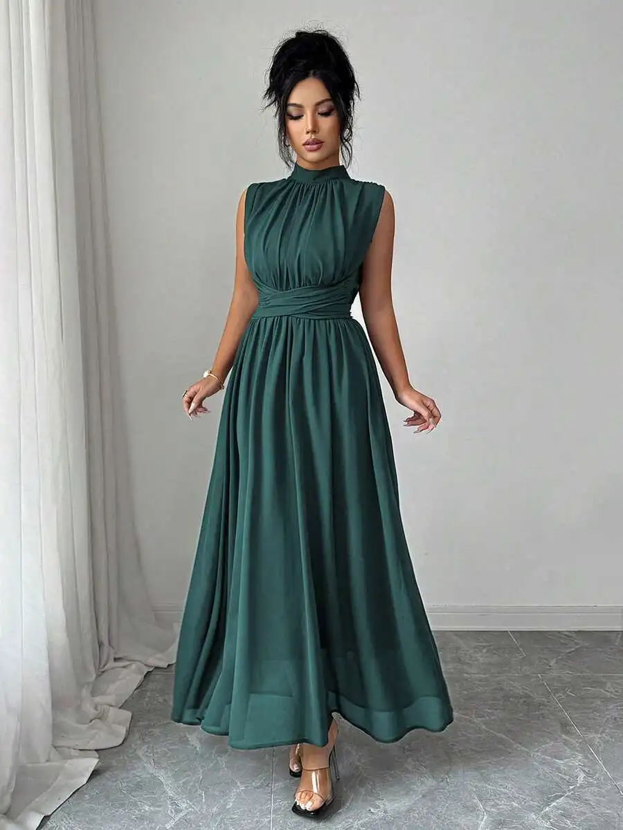 

Women Dark Green Sleeveless High Neck Chiffon A-Line Maxi Dress With Criss-Cross Waist