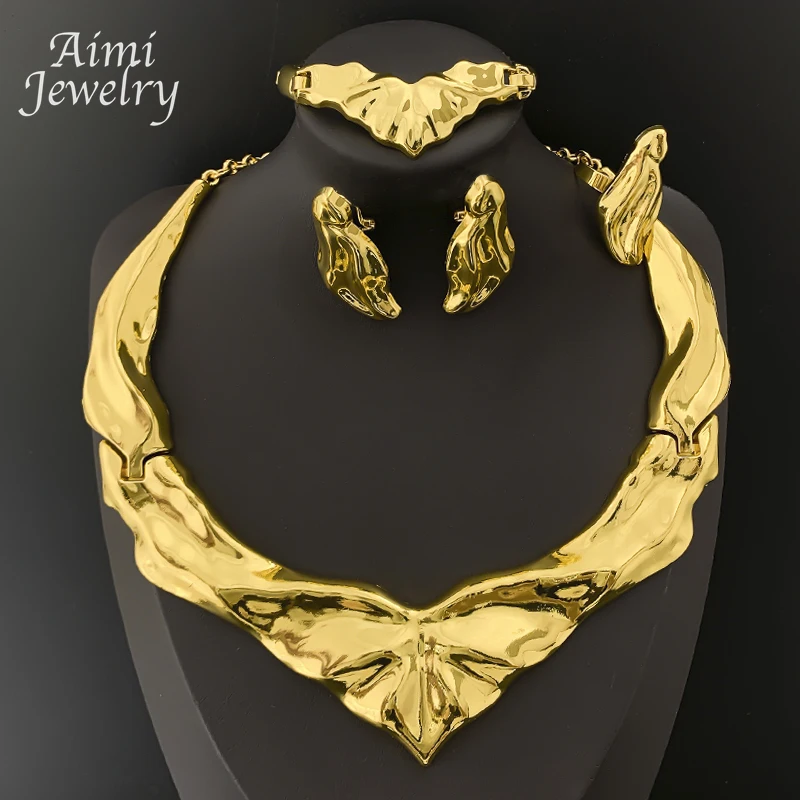 Geometric Chunky Choker Original 4Pcs Jewelry Set Women Polishing Necklace Earring Bracelet Ring Bridal Wedding Party Gifts