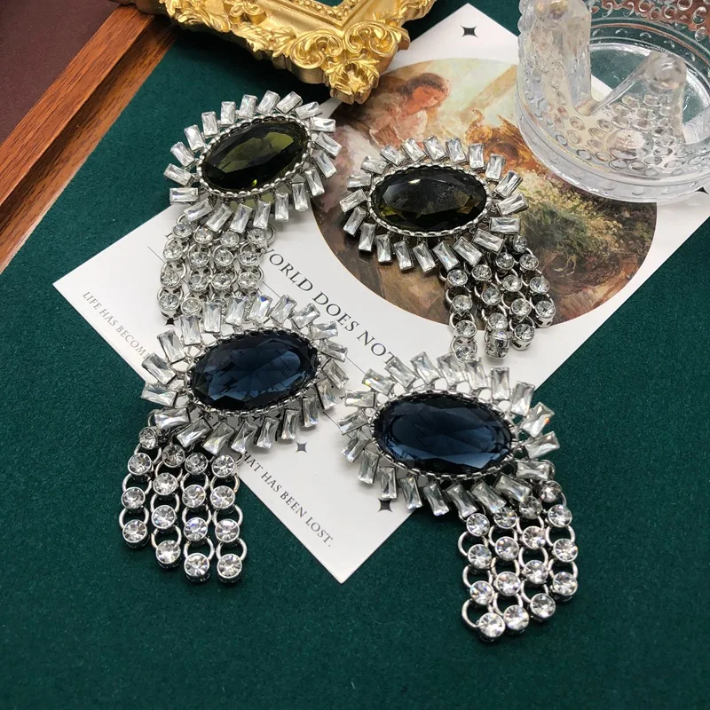 Vintage Medieval Jewelry Set for Women Blue Green Gemstone Diamond Tassel Earring Clip Daily Wedding Evening Dress Accessories