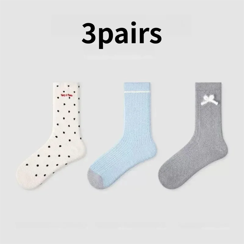 

He Ye 3, пары зимних утолщенных теплых носков-тапочек из кораллового флиса с бантом