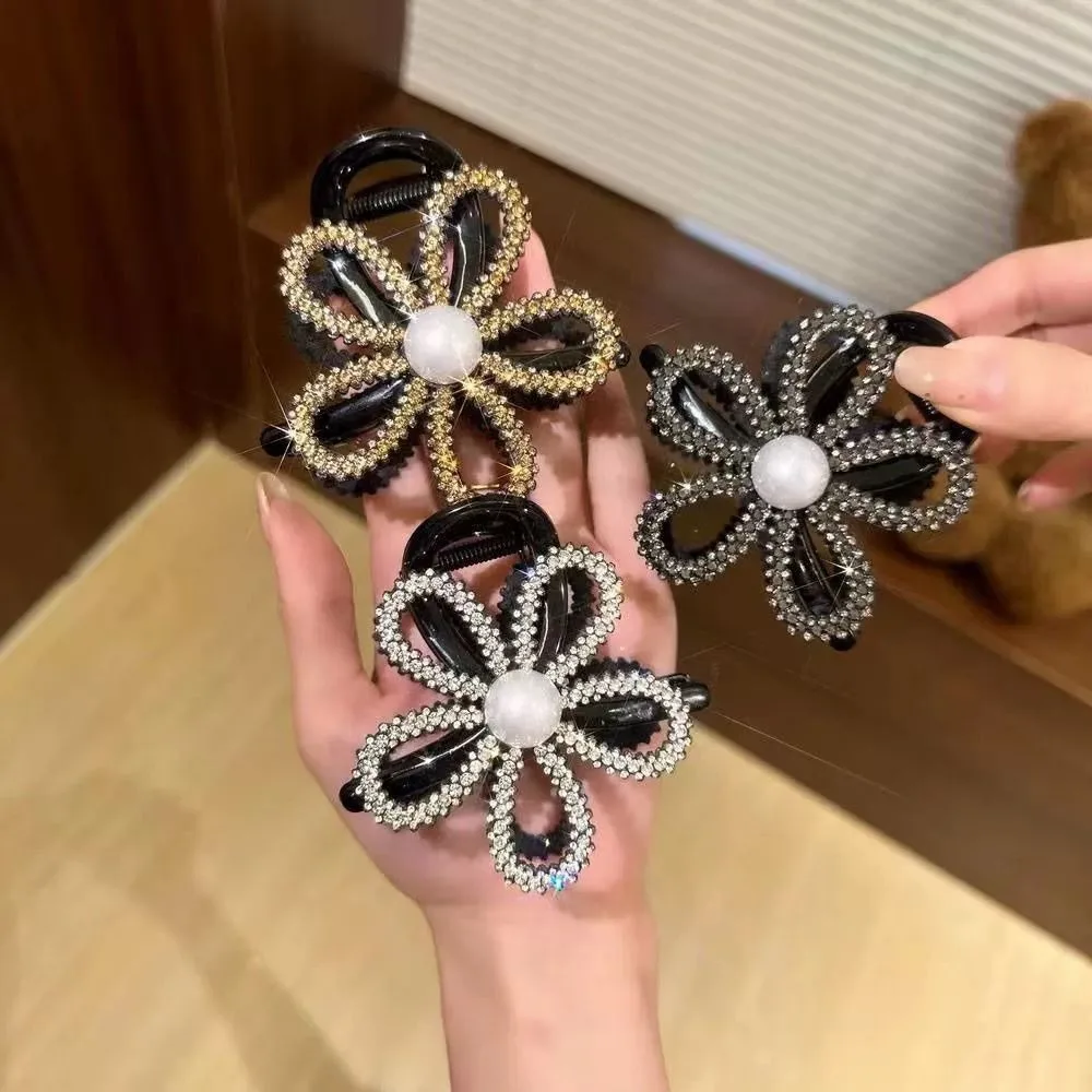 Zircão strass tubarão clipe diamante estilo coreano flor pérolas tubarão clipe champanhe oco brilhante garra de cabelo headwear