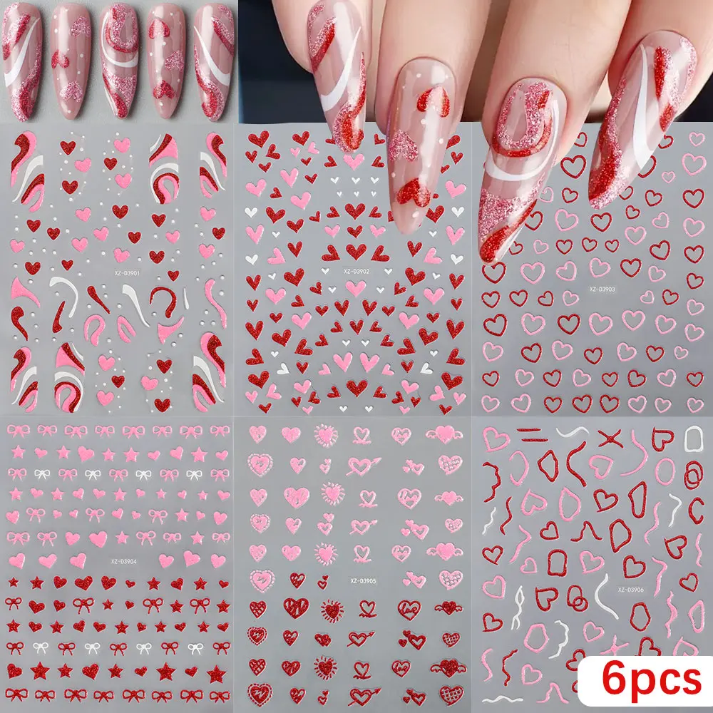 6/4Pcs Glitter Red Pink Love Heart Nail Art Sticker 8x10cm Shiny Heart Stars Adhesive Nail Slider DIY Valentine Sweet Nail Decal