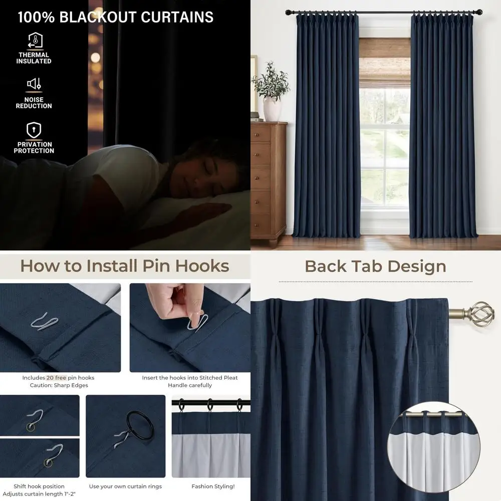 ネイビーブルー 40W x 90L リネン混紡遮光カーテン、フック20個付き、100%遮光、2枚セット、家庭用
