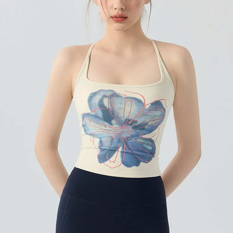 

Summer Woman Yoga Fixed Cup With Shock-proof Chest Pad Push Up Tank Tops Outdoor Sport Fitness Gym Workout Elastic Printing Vest
