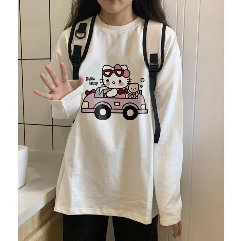 Hello Kitty Cute Cartoon Printed Cotton Long Sleeve T-shirt Korean Version Loose Tees Women's Trendy Round Neck Versatile Top