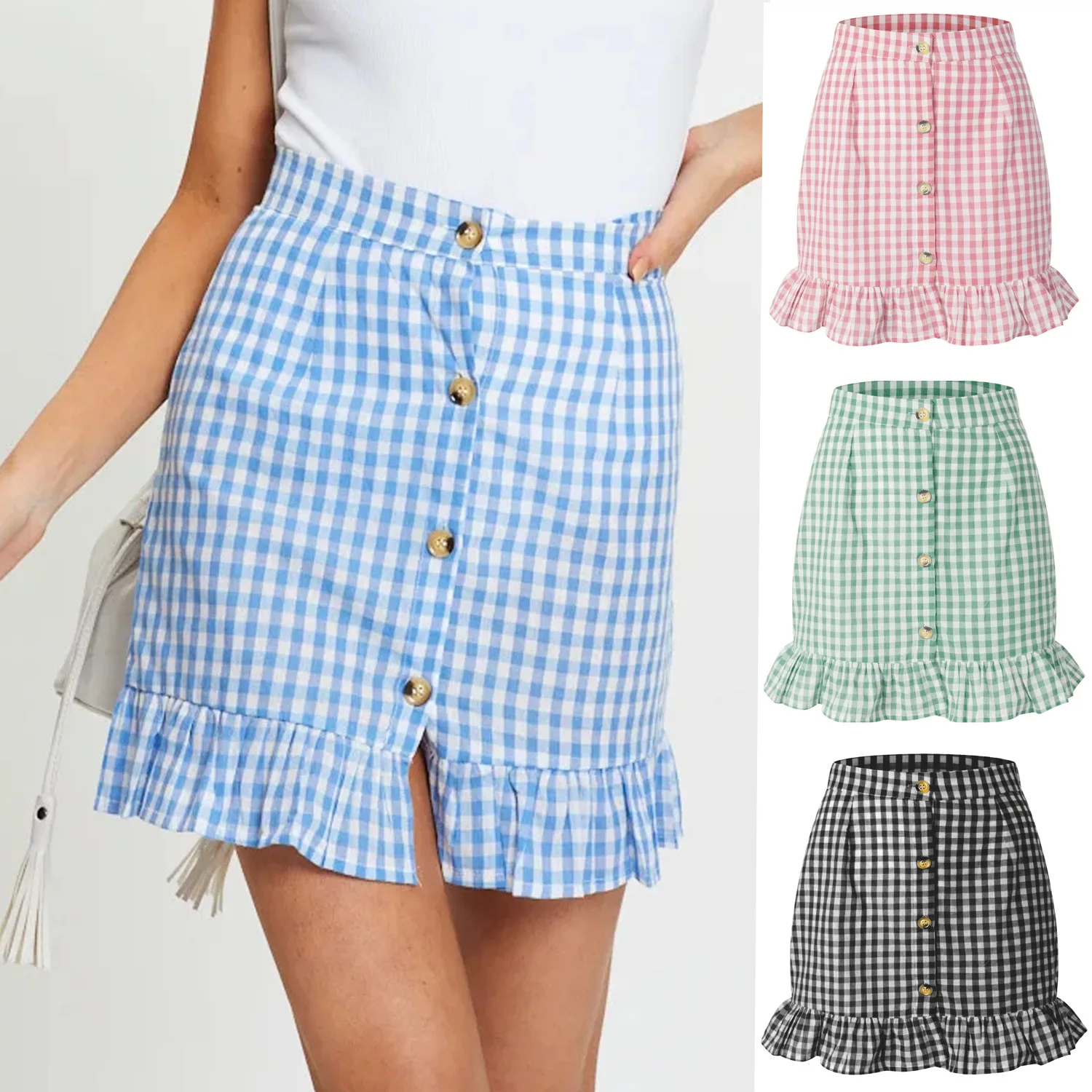 Women Skirt Summer Sweet Pink Blue Plaid Fashion Outfit Sexy Ruffles Elastic High Waist Vacation Skirt