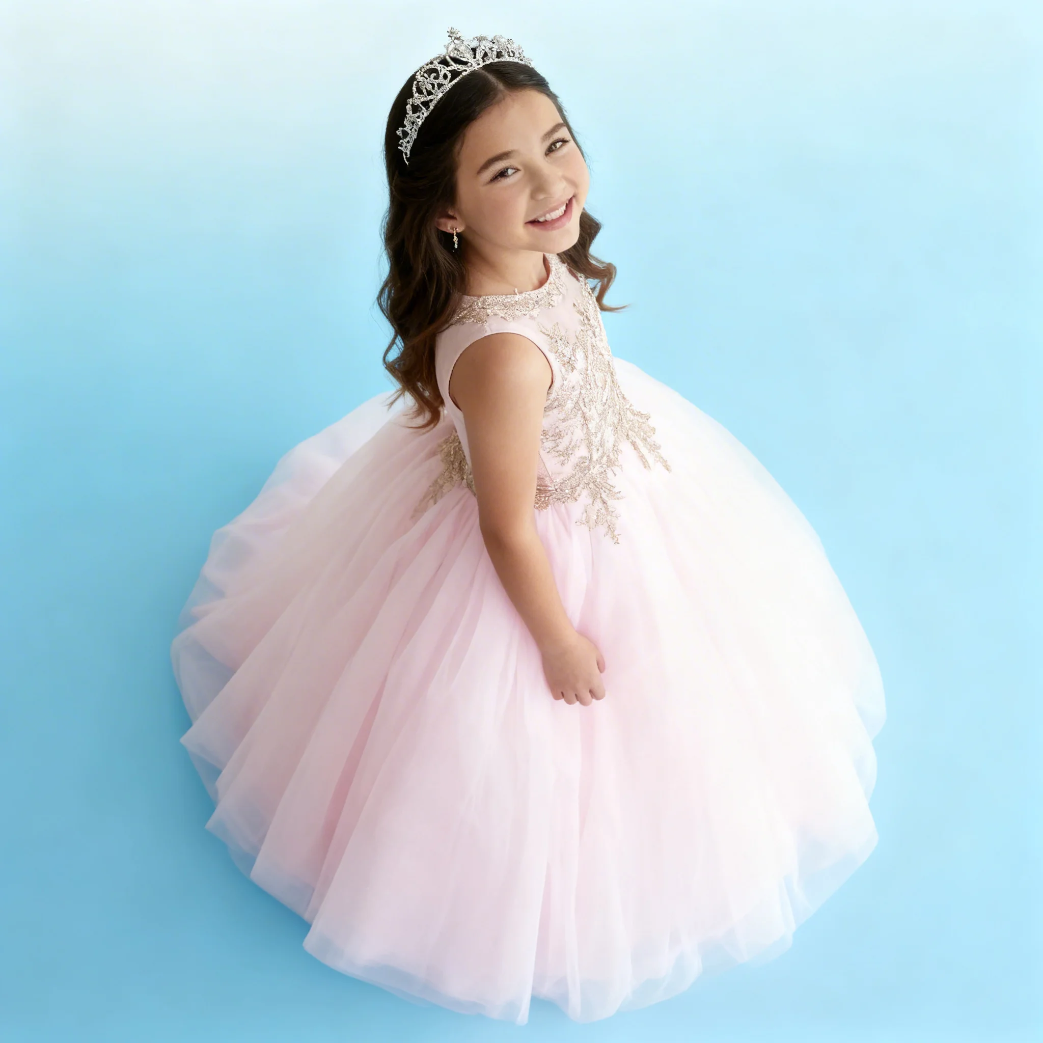 

Custom Blush Pink Flower Girl Dress with Appliques & Tulle Floor Length Princess Gown for Wedding Quinceanera Pageant Party Kids