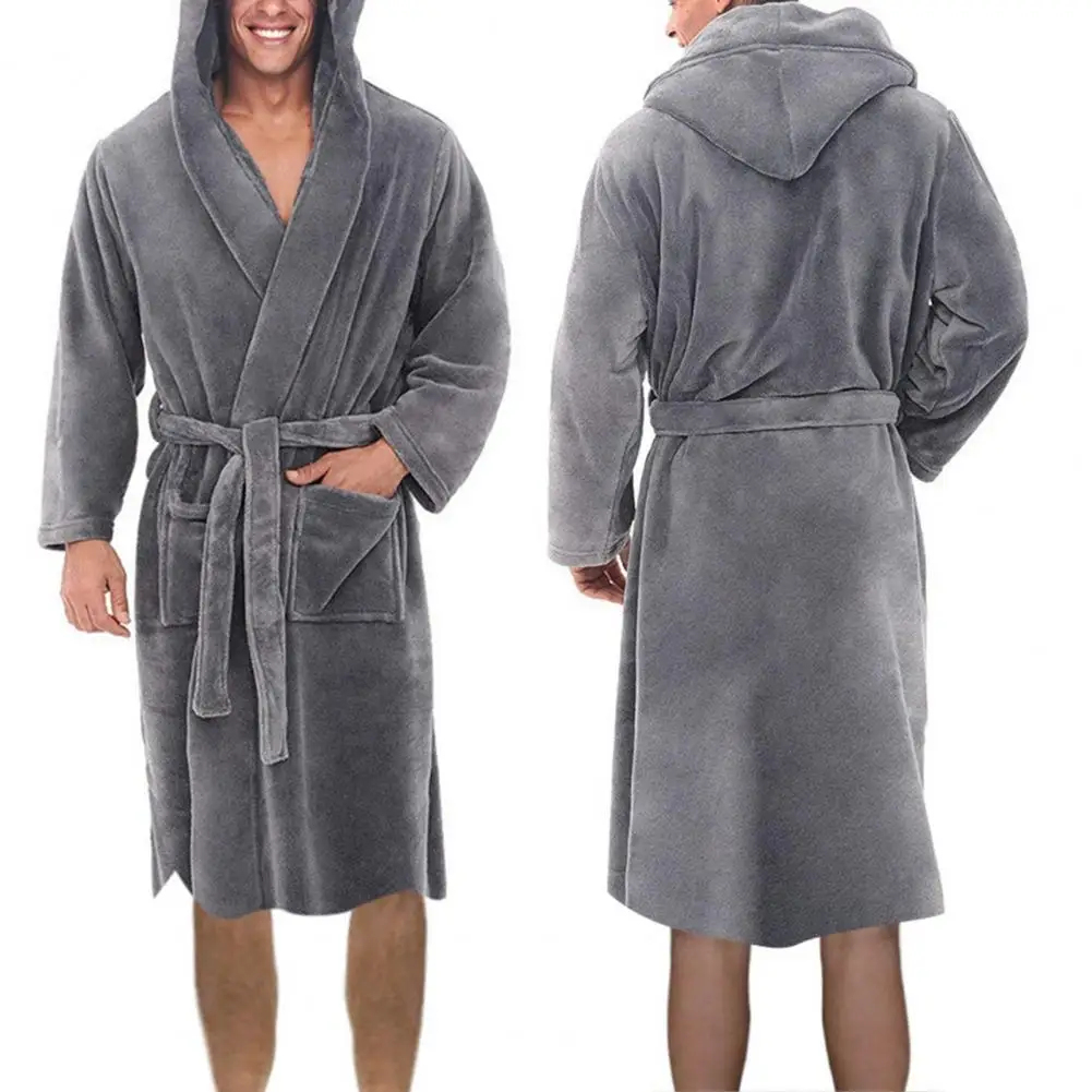 Coral Fleece Men Bathrobe Autumn And Winter Fleece Hooded Bathrobe Winter Long Robe Kimono Cardigan Mens Bath Robes Homewear