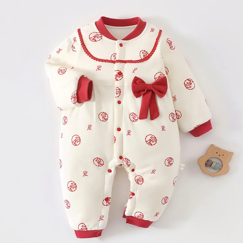 

Christmas Baby Girl Jumpsuit Quilted Thicken Warm Winter Infant Boutique Clothes Floral Bow Chinese New Year Baby Romper