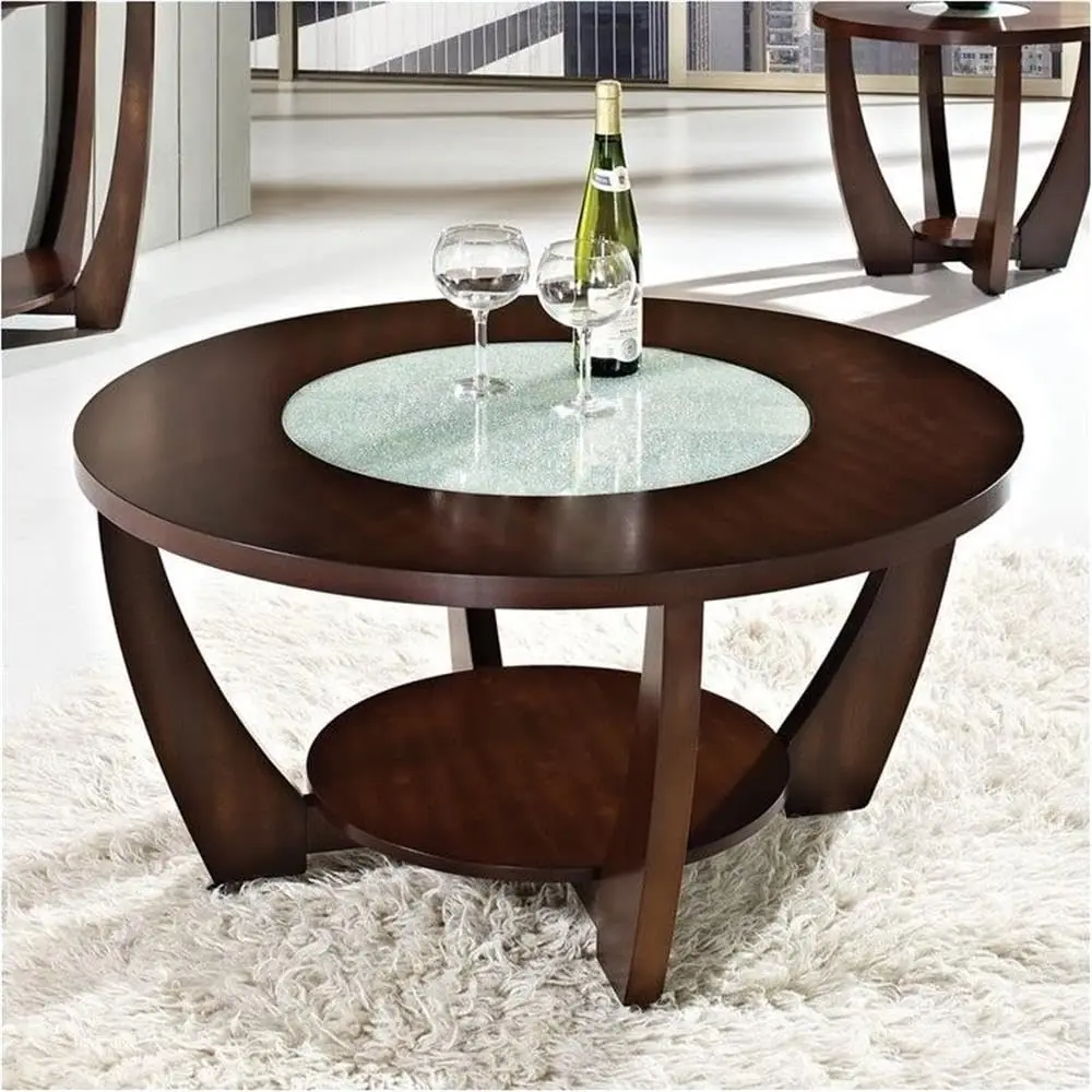Round Coffee Table 40in Hardwood Birch Veneer Cherry Finish Glass Insert Display Shelf Casters Living Room, Customized