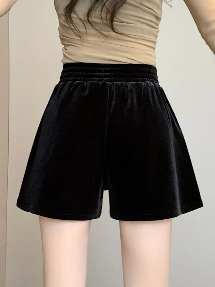 SMTHMA 2025 New Autumn Winter Korean Fashion Slimming Velvet Elastic Waist Wide Leg Shorts Women's Golden Decoration Boots Pants