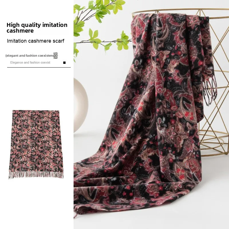 

New Cashmere-like Floral Print Scarf Women - Vintage Shawl Hijab, Elegant Soft Thick Warm Hair Wrap, Fashion Scarves for Women