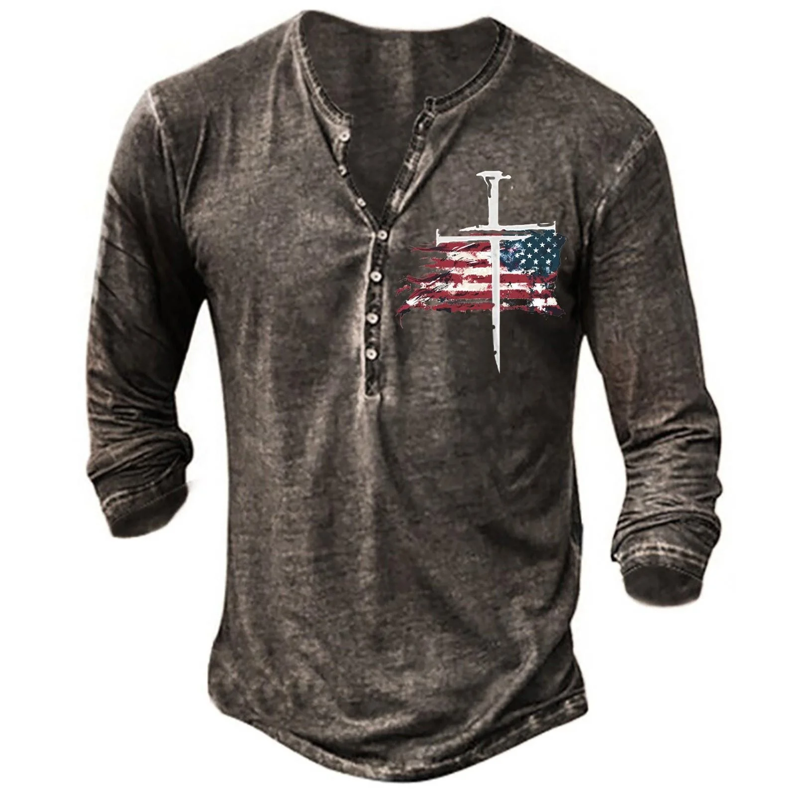

Men's long sleeved T-shirt retro Henry shirt solid color logo 3D printed street comfortable long sleeved shirt