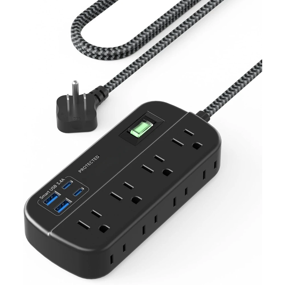 ‌2100J Surge Protector, 8 AC, 4 USB Fast Charge (17W), 5 Ft Cord, Office/Gaming Desk Accessory