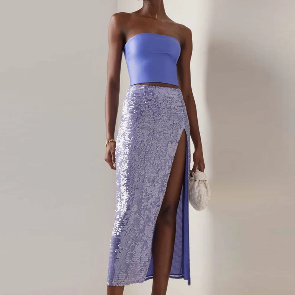 Lavender Sequined Long Skirts Girls Sexy High Split Skirt Formal Wear Birthday Party Gowns Mid-Calf African Lady Pencil Skirt