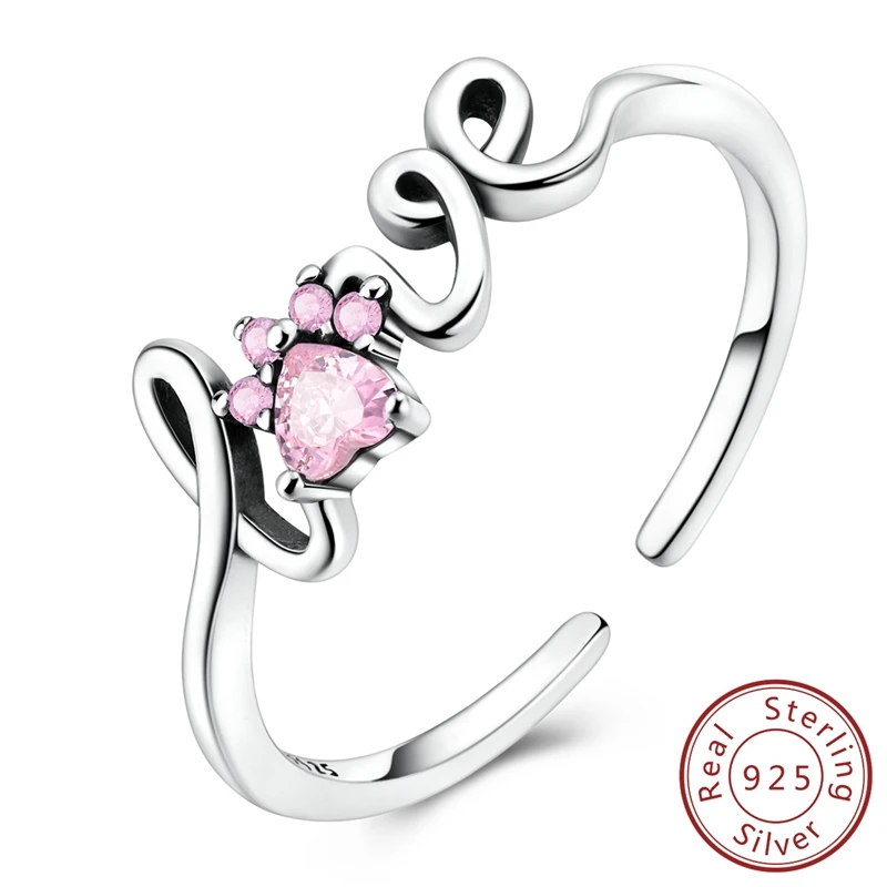

100% 925 Sterling Silver Platinum plated Love Pet Paw Open Rings Cute Round Ring For Women Jewelry Anniversary Fine Gift