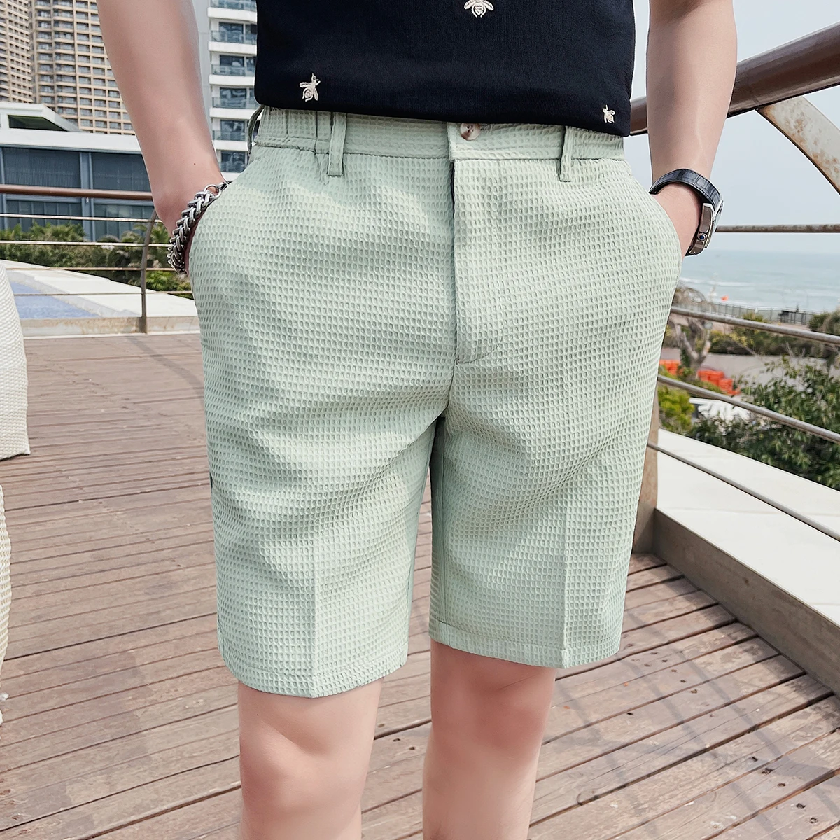 Plus Size 38-28 Fashion Summer Waffle Solid Shorts Men 2023 Korean Knee Length Slim Fit Casual Office Suit Shorts Streetwear