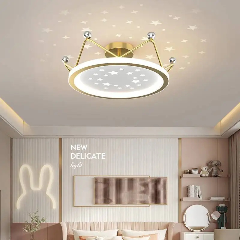 Pink Princess Room Ceiling Lamps Starry Projection Crown Lamp Modern Romantic Warm Children\'s Room Girl Bedroom Ceiling Lights