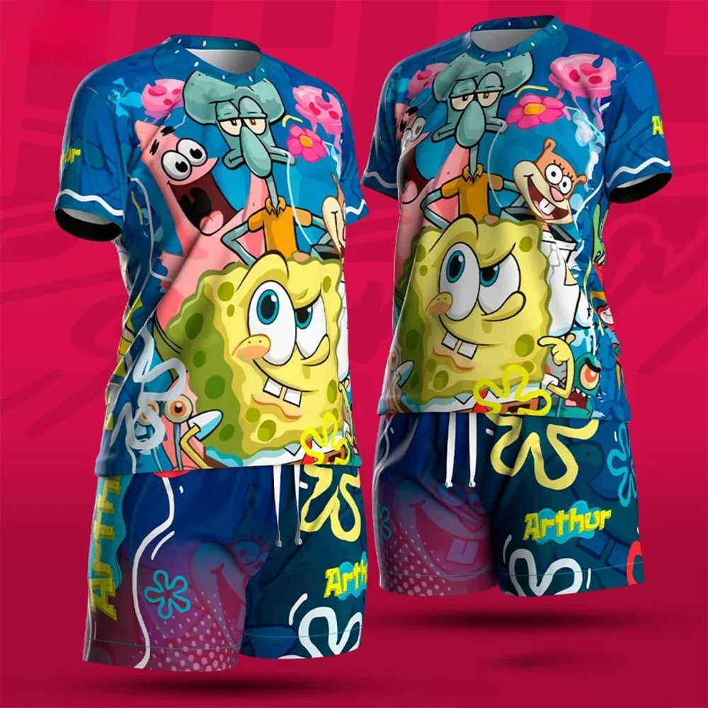 

Spongebob Squarepants T-shirt Shorts Set Ronaldo Letter Printed Sports Set Kid/Adult Oversized Breathable Quick Drying Men Set