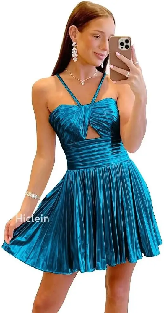 

Блестящие короткие платья для встречи выпускников 2024, металлические атласные мини-коктейльные платья с лямкой на шее для подростков выше колена, мини