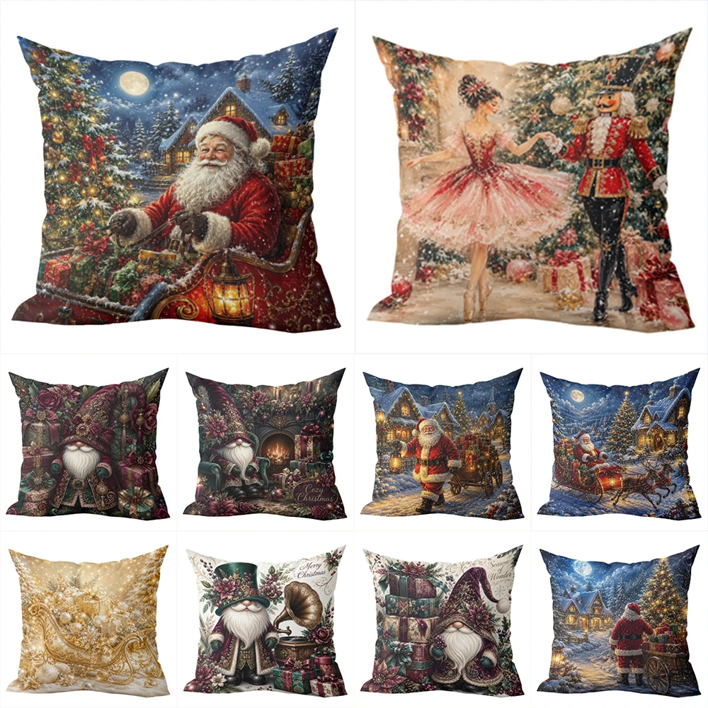 1pcs Vintage Christmas Throw Pillow Covers Santa Claus Nutcracker Gnome Xmas Winter Holiday Cushion Cases for Home Sofa Bed
