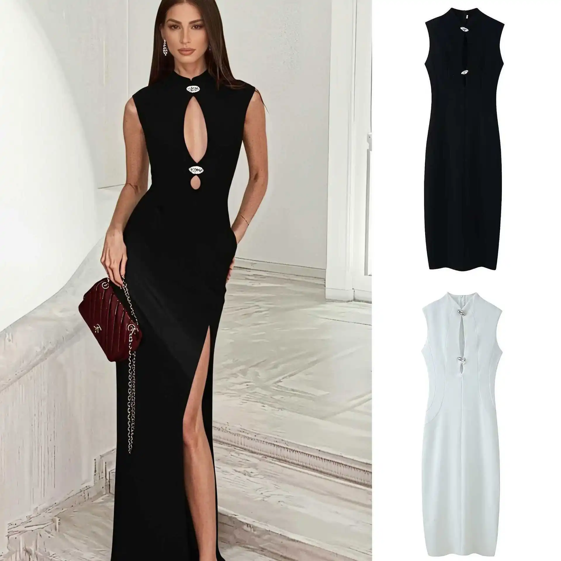 Sleeveless Solid Color Slit Women's Party Bridesmaid Dress Tight Fitting Hollow Out Elegant Sexy Women's Birthday Dress