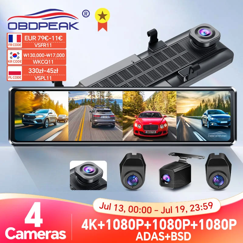 A8 4CH Dash Cam 11.26 Inch 4K WIFI Rear View Mirror 4 Cameras Video Recorder Car DVR Dual Lens ADAS BSD Night Vision 24H Parking