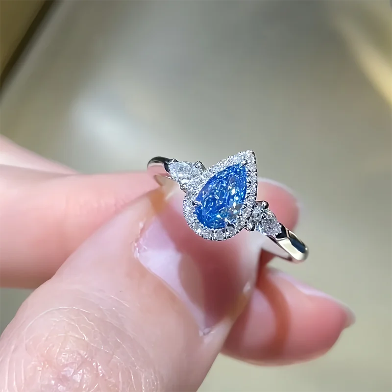 0.5ct Blue Pear Cut/0.2ctw Pear Cut Side Stone Lab Grown Diamond Three Stone Ring 14K Gold/925 Silver Given To Her Wedding Ring