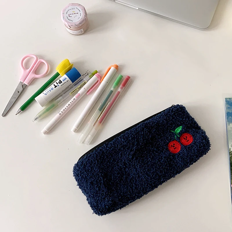 Cherry Embroidery Pencil Bag Plush Pencil Case Stationery Pouch Bag Bear Lambwool Pencil Pen Pouch Cute School Supplies