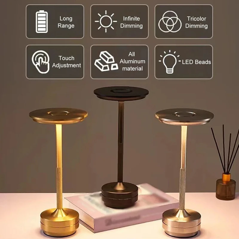 Aluminum Alloy Simple Decorative Lamp LED Night Light Infinitely Dimmable Atmosphere Retro Portable Rechargeable Touch Desk Lamp