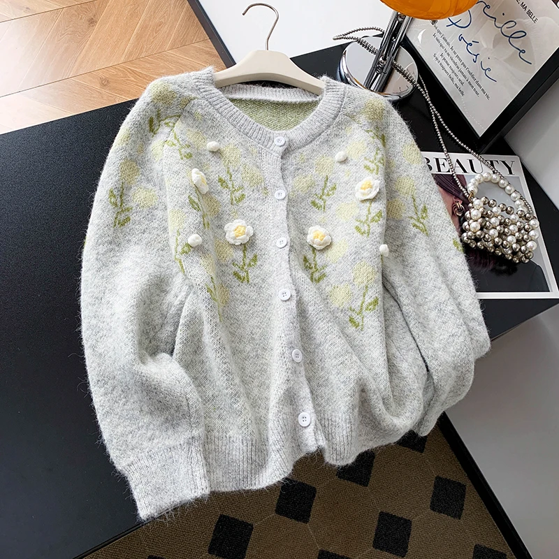 

Handmade ey Knitted Sweater Women's round Ne Crochet Flower Autumn Lazy Sle Open Cardigan Quali Assurance Faionable