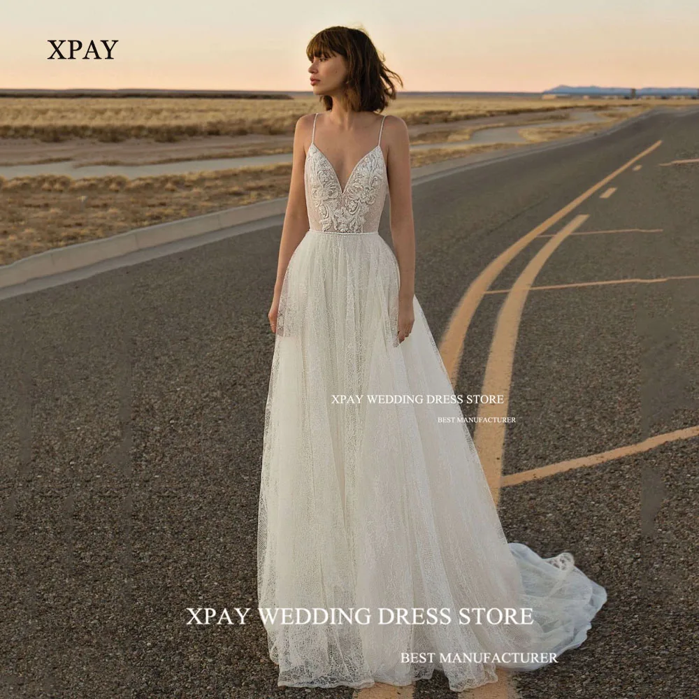 XPAY V Neck Spaghetti Straps Beach Boho Wedding Dresses Lace Appliques Open Back A Line Bride Gown Custom Made Vestidos De Novia