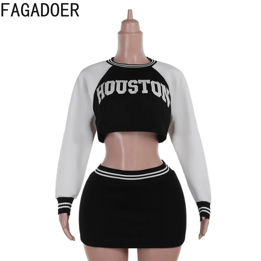 FAGADOER Y2K Letter Print Two Piece Set Outfit Autumn Winter Women Baseball Jacket Top and Mini Skirt Suits Female Streetwear