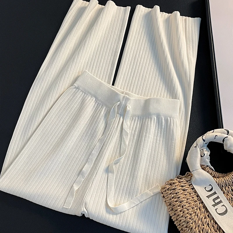 

High Waist Wide Leg Pants 2024 Autumn Women's Loose Sunken Stripe White Knitted Fabric Casual Straight Pants Popular Pants