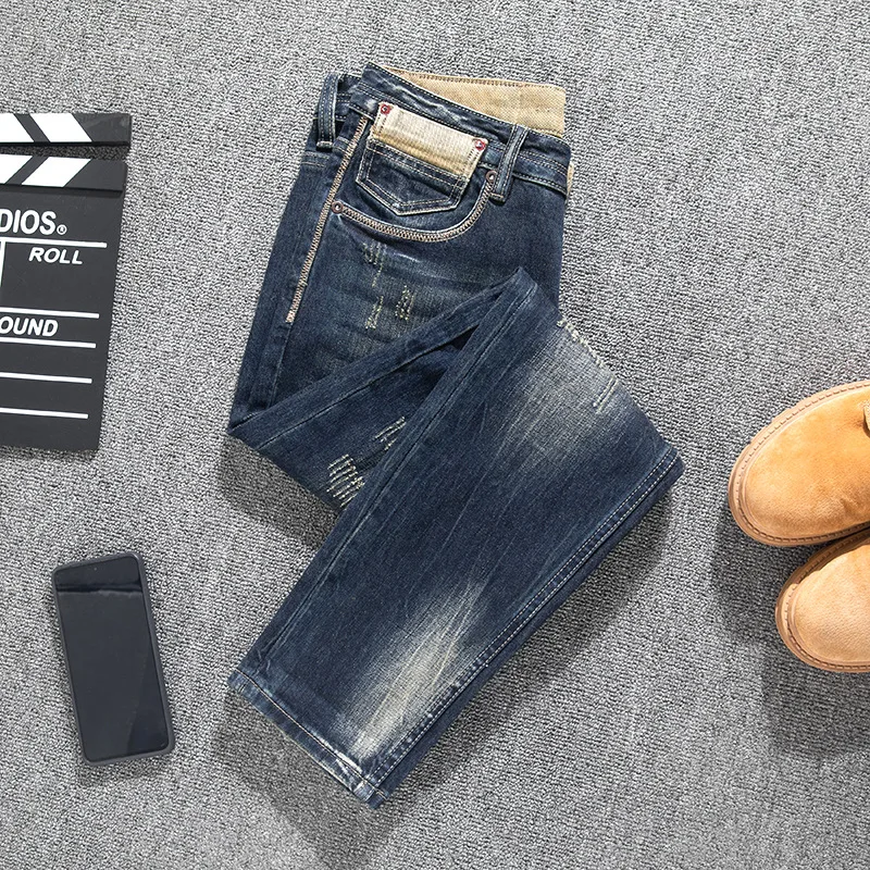 

High end trendy denim jeans for men, heavyweight retro nostalgic slim fit straight leg street made denim jeans